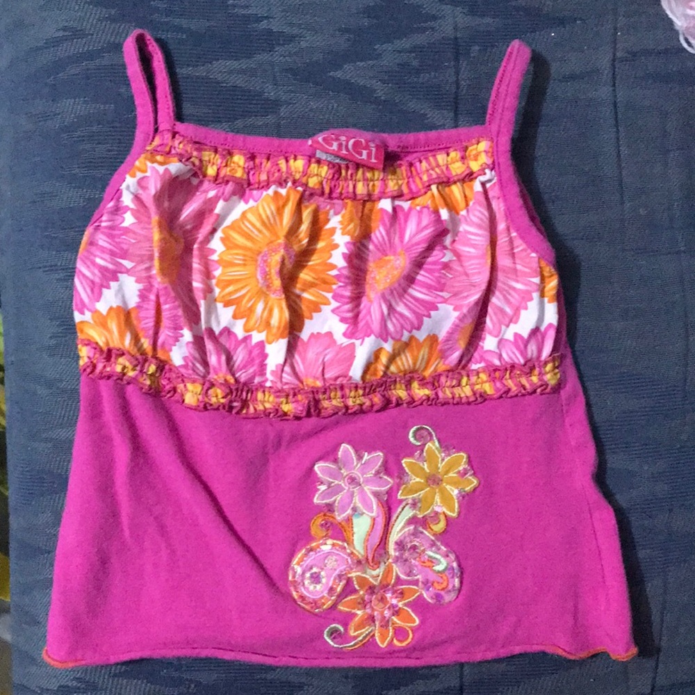 Gigi pink with orange and pink flowers spaghetti strap shirt Girls size 4